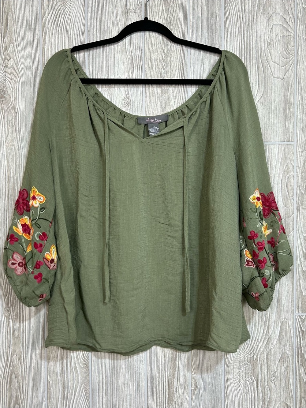 Olivia &Martin Floral Embroidered Olive Green Boho Peasant Blouse Top 1X